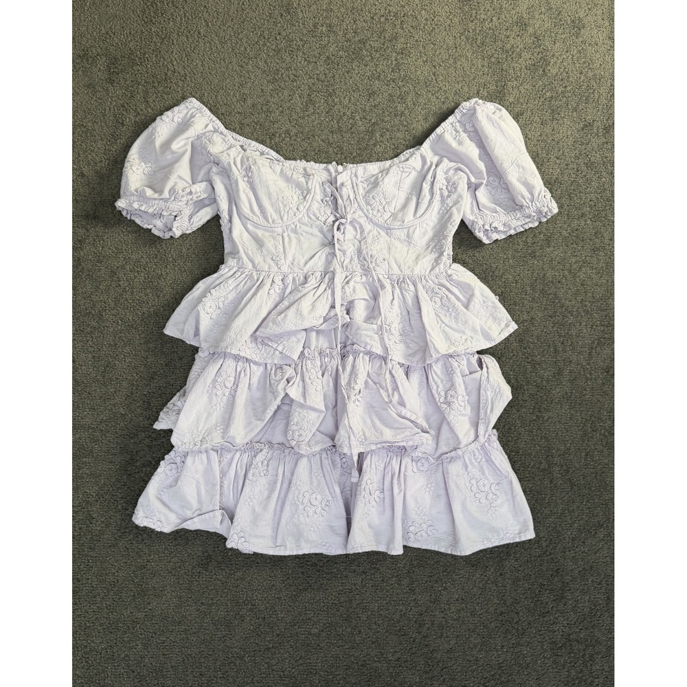 Altar'd State Lavender Eyelet Tiered Mini Dress Lace Up Corset Puff Sleeve M
